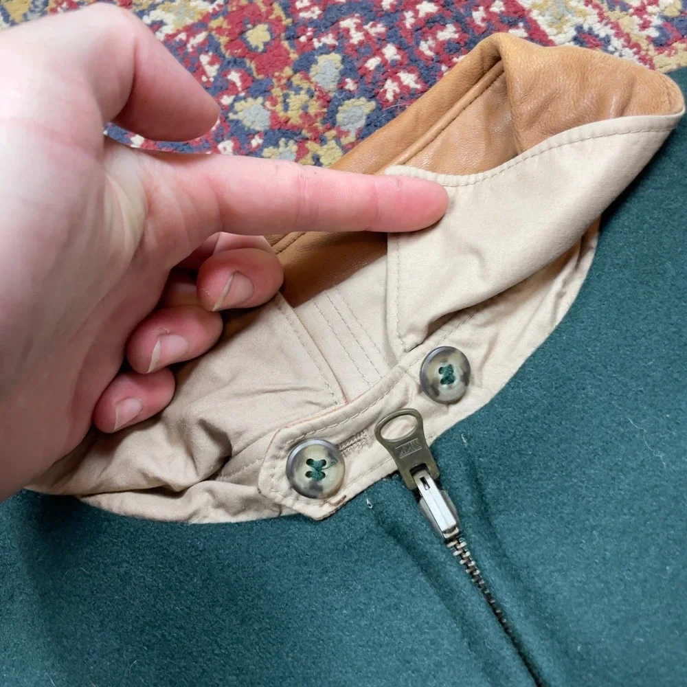 VTG 80s 90s Bullock & Jones Wool Leather Trim Bomber Jacket Green 44 Harrington - Picture 6 of 8